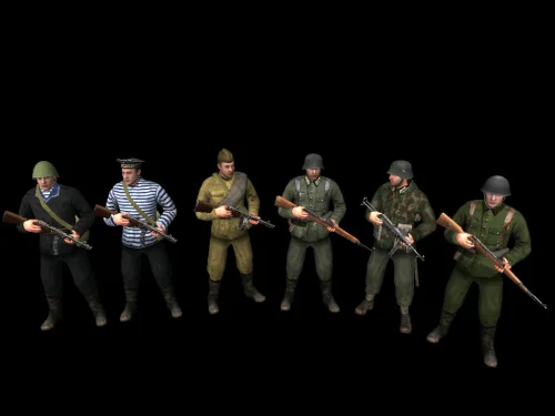 Советские моряки, пехотинец, два немца и словак